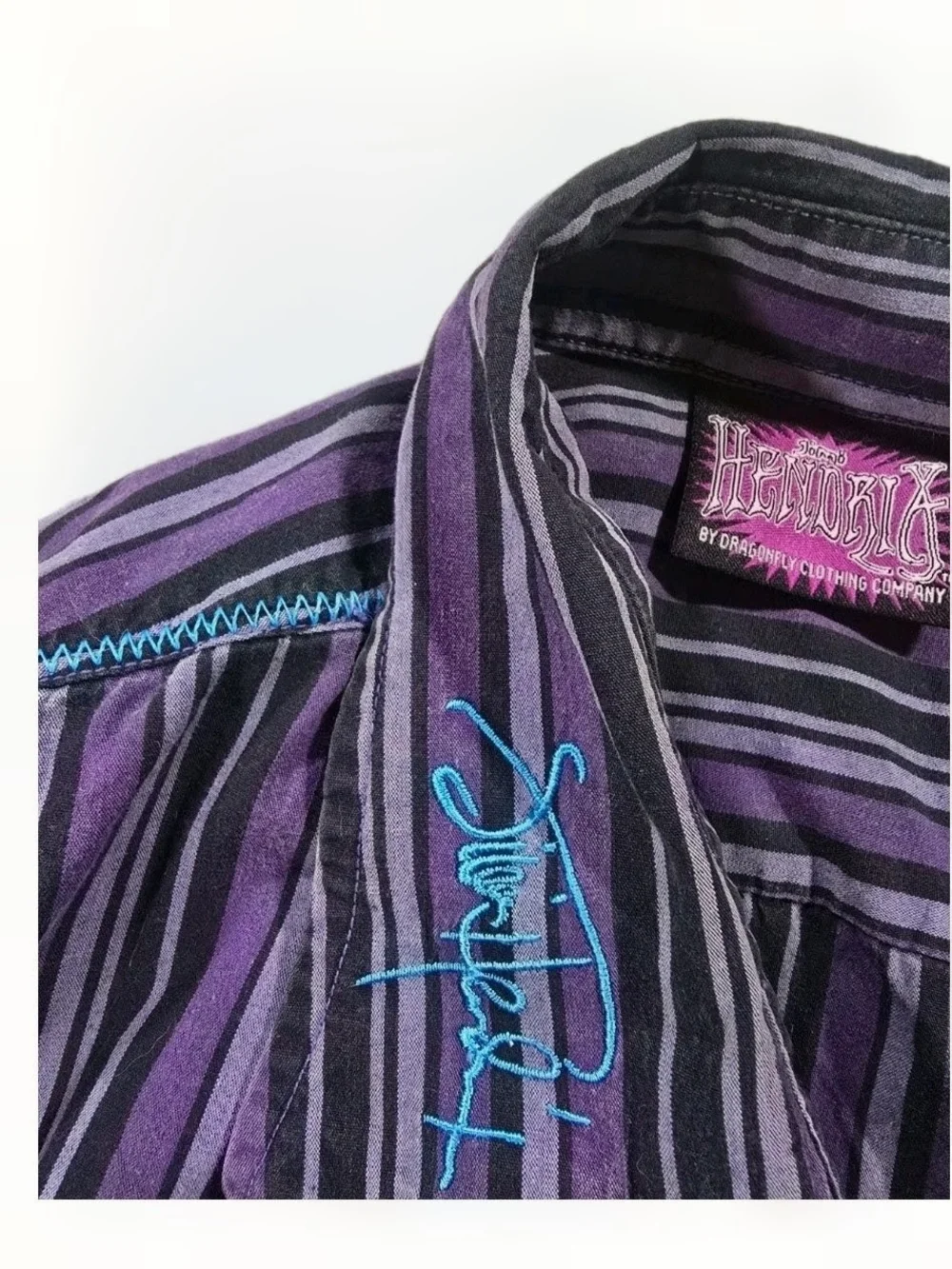 VTG Rare Jimi Hendrix Men  Black & Gray Striped ButtonDown Shirt Blue Graphic XL